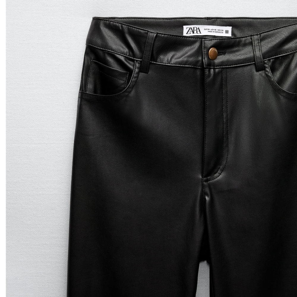 Zara Extra Long Faux Leather Straight Leggings Pants Ankle Slit - Picture 8 of 11